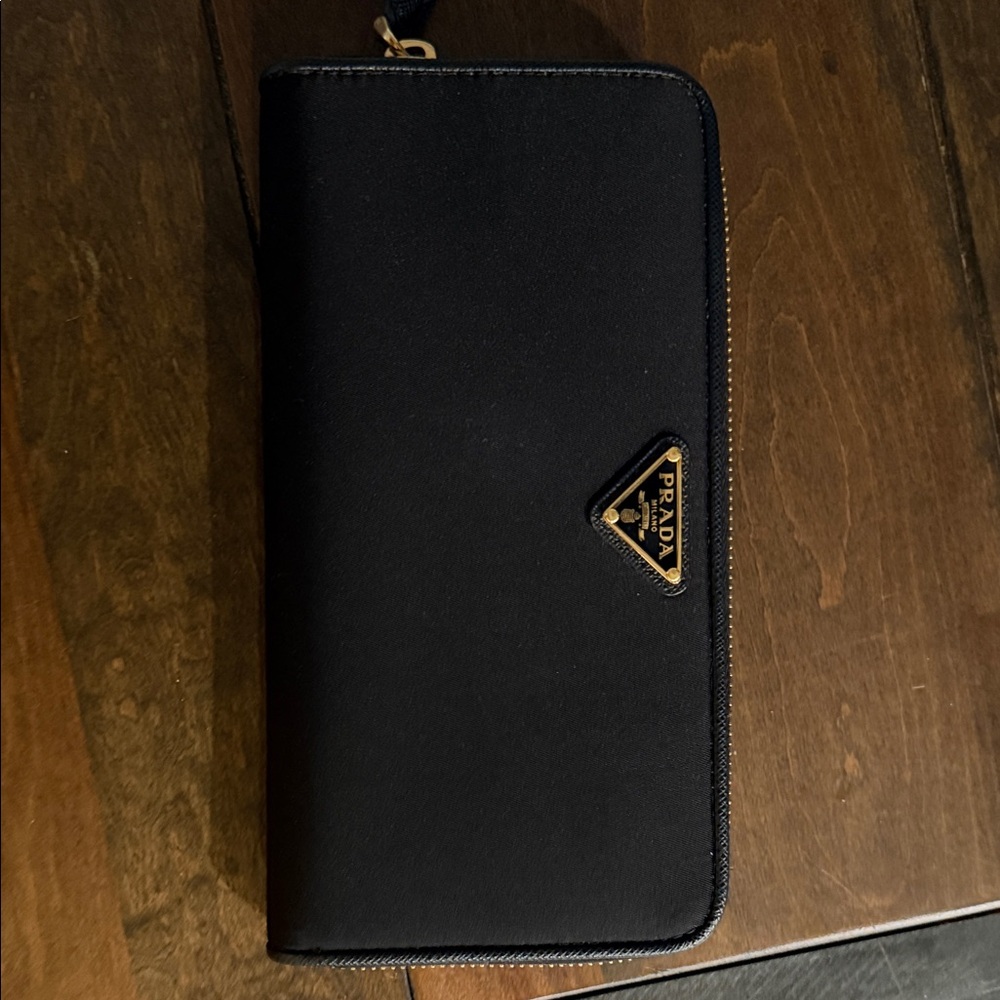 Prada Black Zip-Around Wallet with Gold Logo
